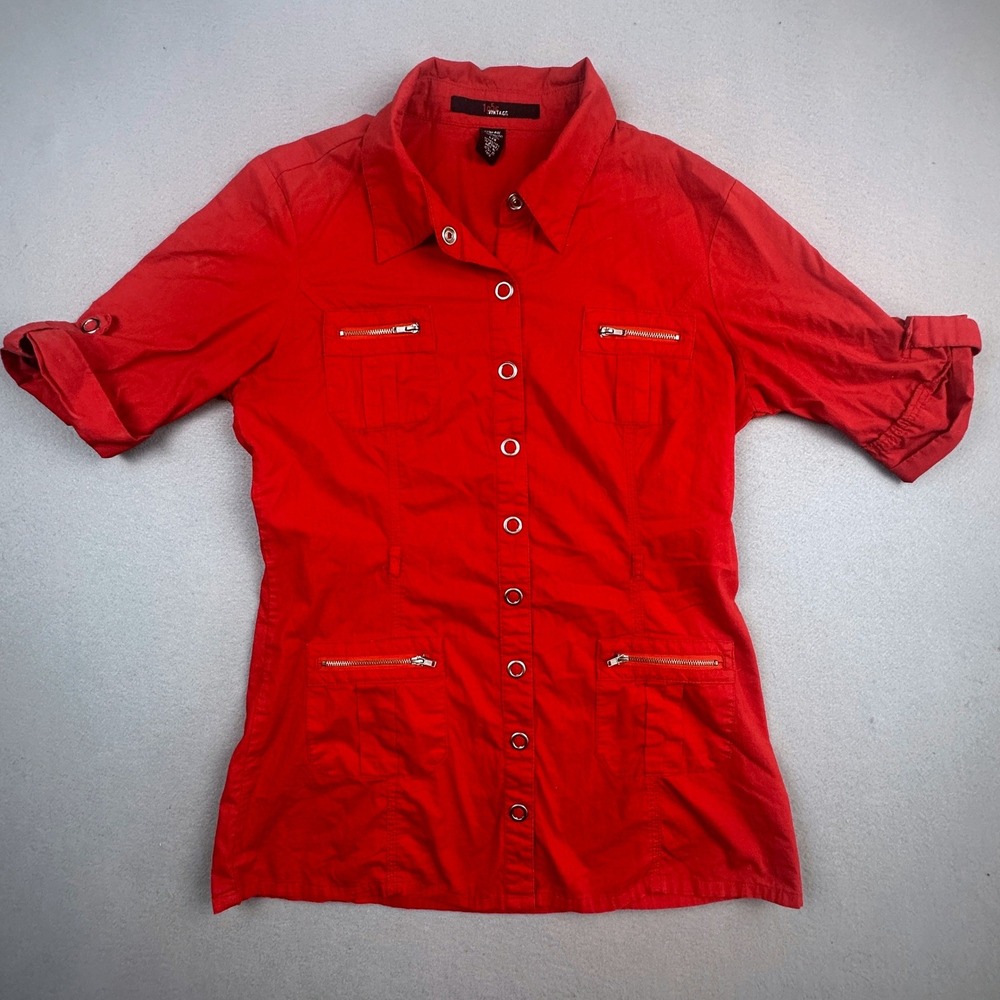 Womens Red Utility Snap Front Shirt Zipper Pockets Size Large‎